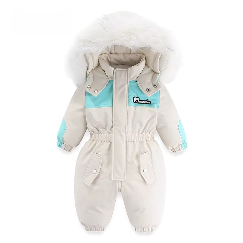 Combinaison de ski bébé écrue et turquoise à capuche bordée de fourrure, présentée de face - Bébé Lova