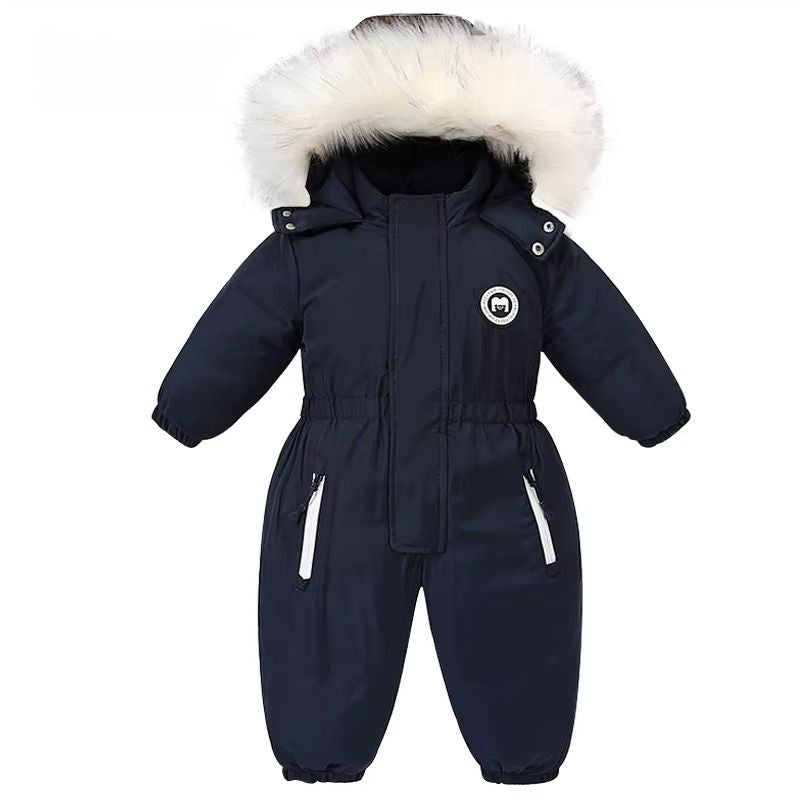 Combinaison de ski bébé bleu marine à capuche bordée de fourrure, présentée de face - Bébé Lova