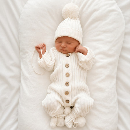 Combinaison tricot bébé blanche portée par un nouveau-né endormi avec bonnet à pompon et chaussons - Bébé Lova