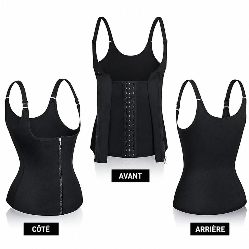 Corset sauna femme noir avec vues côté avant et arrière pour montrer la coupe gainante - Bébé Lova