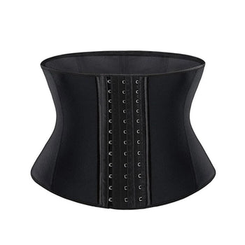 Corset WaistCorset gainant latex noir vue de face baleines agrafes centrales - Bébé Lova