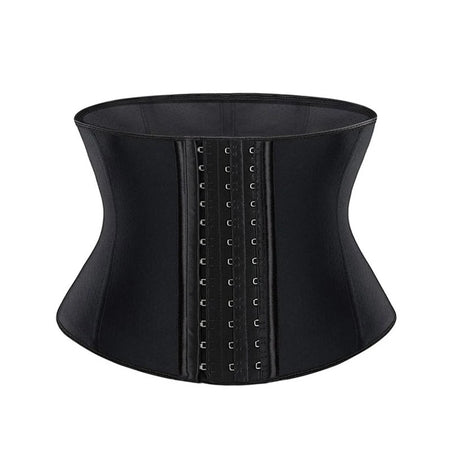 Corset WaistCorset gainant latex noir vue de face baleines agrafes centrales - Bébé Lova