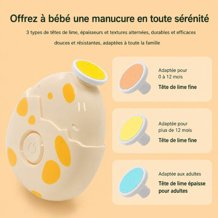 Coupe-ongles électrique bébé avec 3 têtes de lime adaptées aux différents âges pour une manucure douce et sécurisée - Bébé Lova