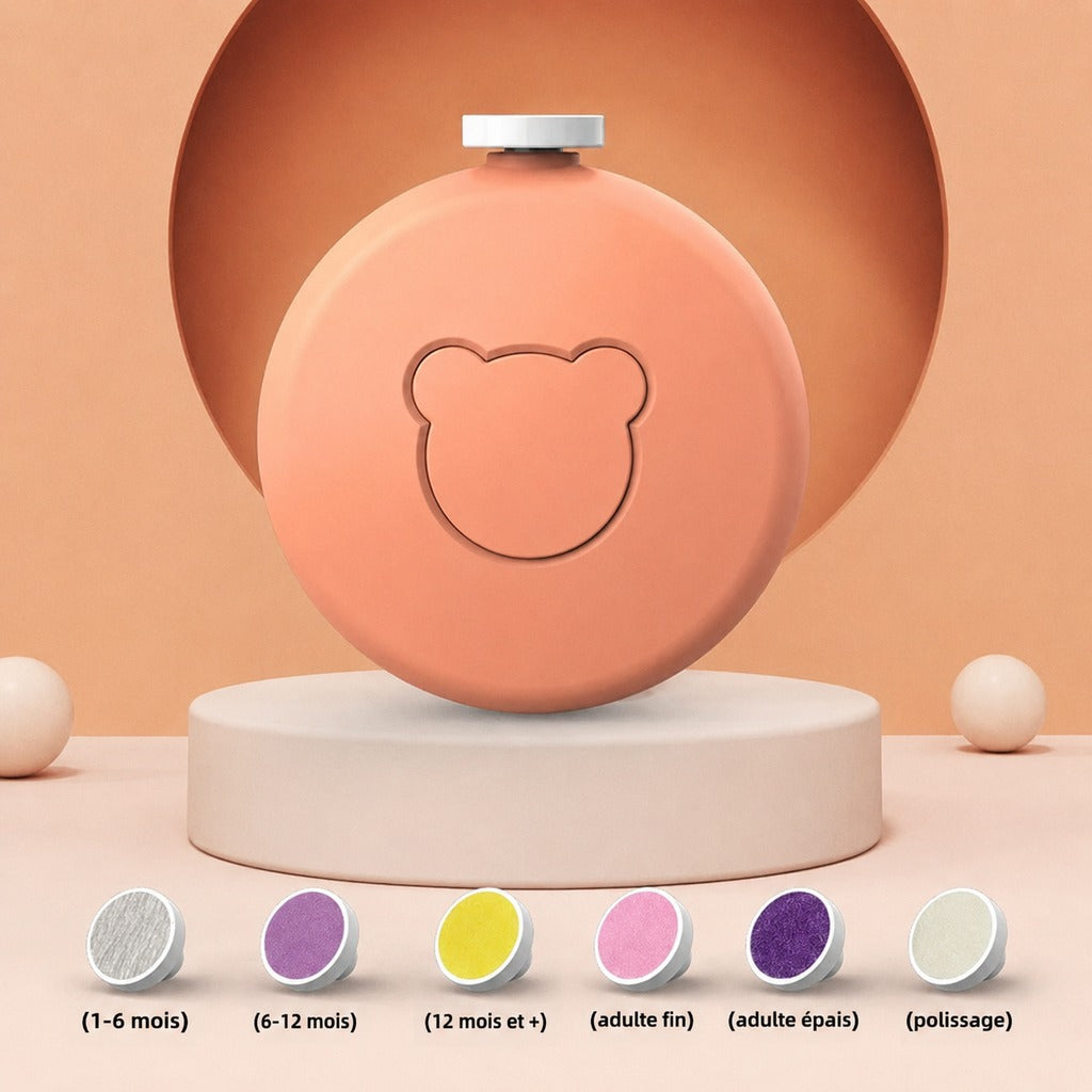 Coupe-ongles électrique bébé orange avec embouts de manicure sur support décoratif - Bébé Lova