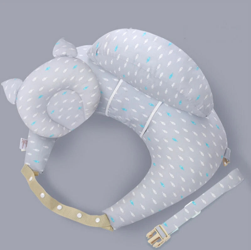 Coussin d'allaitement ergonomique NurseWrap gris à motifs plumes avec cale-tête et sangle - Bébé Lova