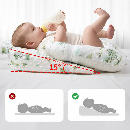 Bébé nourri au biberon sur coussin incliné anti-reflux à 15 degrés - Bébé Lova