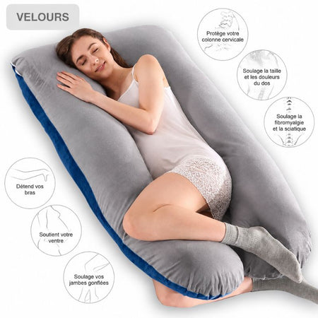 Infographie PangPillow zones soutien cervicale taille bras ventre jambes sciatique velours - Bébé Lova