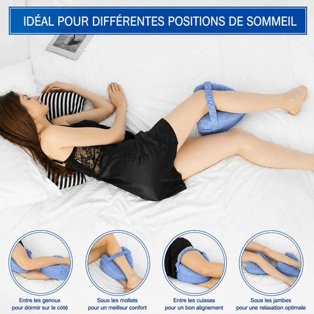 Infographie LegPillow 4 positions sommeil genoux mollets cuisses jambes mannequin coussin bleu - Bébé Lova