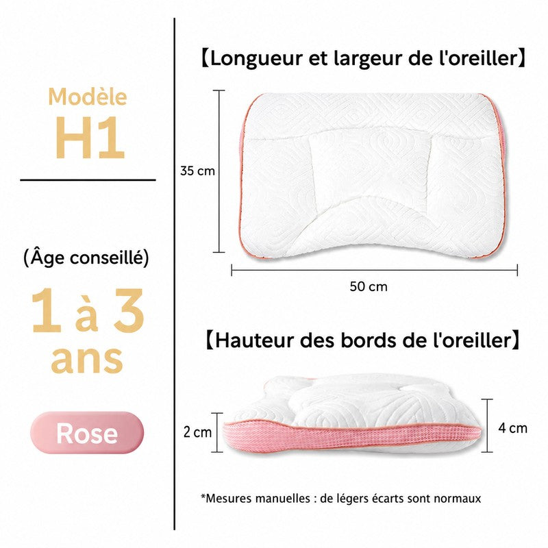Oreiller cervical enfant modèle H1 rose pour 1 à 3 ans, bords de 2 et 4 cm - Bébé Lova