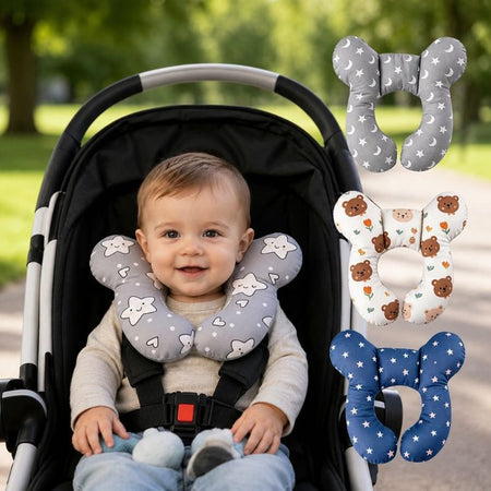 Bébé souriant en poussette portant le coussin de nuque gris étoiles avec aperçu des coloris - Bébé Lova