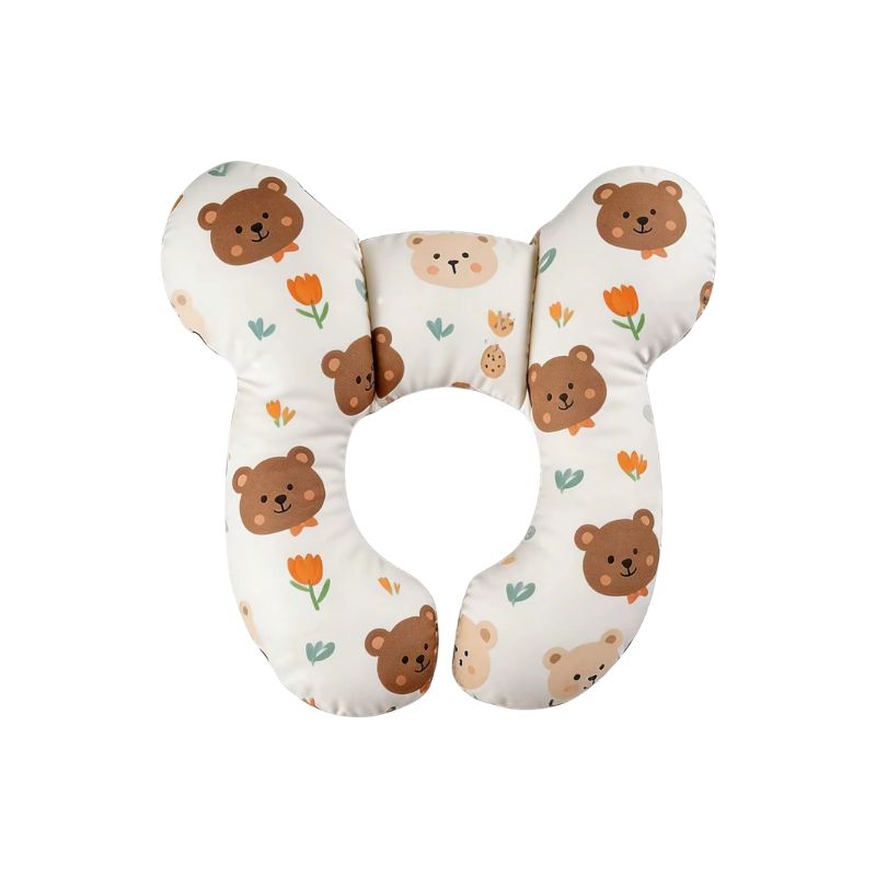 Coussin de nuque enfant motif ours et tulipes sur fond blanc - Bébé Lova