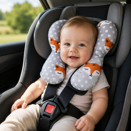 Bébé souriant en siège auto avec le coussin de voyage tête et nuque motif renard gris - Bébé Lova