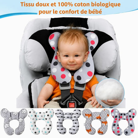 Coussin de voyage en tissu doux 100% coton biologique présenté avec ses coloris et son rembourrage - Bébé Lova