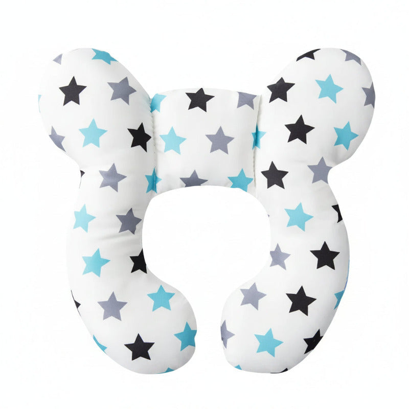 Coussin de voyage tête et nuque motif étoiles bleues et noires sur fond blanc - Bébé Lova