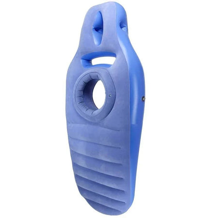 Matelas gonflable de grossesse bleu avec ouverture pour le ventre vu de profil - Bébé Lova