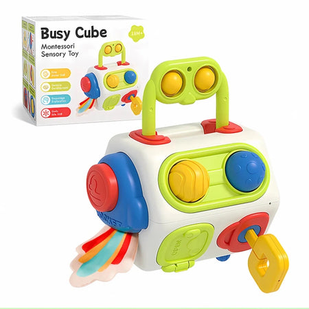 Cube d’activités Montessori BusyCube pour bébé avec boutons sensoriels, formes à manipuler et éléments interactifs - Bébé Lova