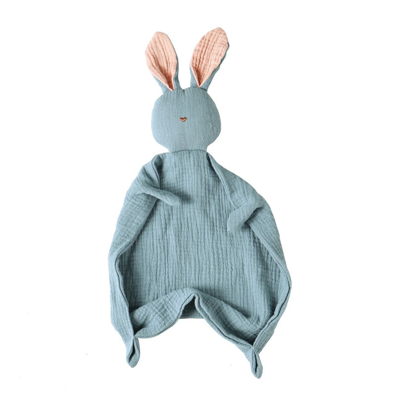 Doudou lapin en mousseline bleu ciel pour bébé avec tissu respirant et toucher ultra doux - Bébé Lova