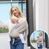 Écharpe de portage bébé extensible en coton coloris beige portée par une maman avec aperçu de profil - Bébé Lova