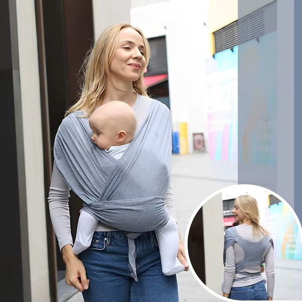 Écharpe de portage bébé extensible en coton coloris gris clair portée de face avec aperçu du dos - Bébé Lova