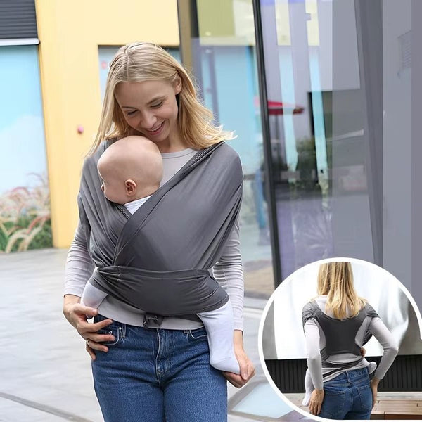 Écharpe de portage bébé extensible en coton coloris gris anthracite avec détail du croisement dans le dos - Bébé Lova