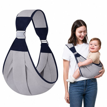 Écharpe de portage multifonction grise BabySling portée par une maman avec bébé - Bébé Lova