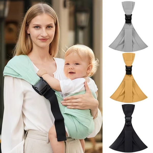 Maman portant son bébé dans l'écharpe sling menthe, déclinée en gris, jaune et noir - Bébé Lova