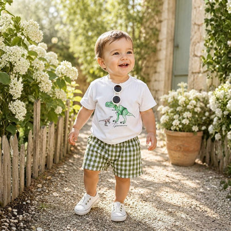 Bébé garçon portant un ensemble dinosaure avec short à carreaux verts en extérieur - Bébé Lova