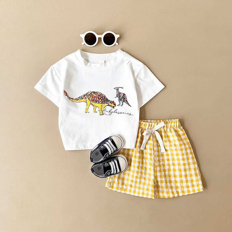 Ensemble bébé été avec t-shirt dinosaure et short jaune à carreaux - Bébé Lova