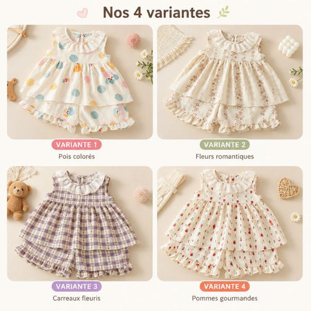 Ensemble 2 pièces été bébé fille BloomSet, les 4 motifs pois fleurs carreaux pommes - Bébé Lova