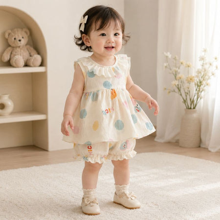 Ensemble 2 pièces été bébé fille BloomSet à pois porté dans une chambre - Bébé Lova