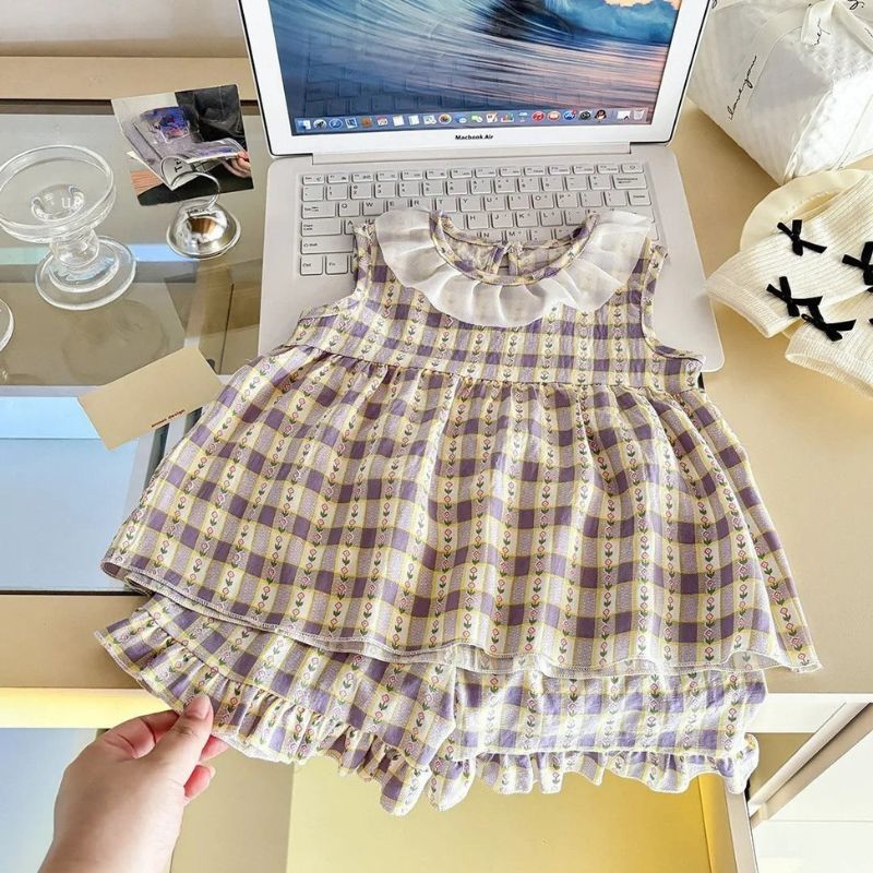 Ensemble 2 pièces été bébé fille BloomSet motif carreaux fleuris violet tenu à la main - Bébé Lova