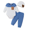 Ensemble 3 pièces bébé garçon bleu et blanc présenté sur fond blanc avec bonnet ourson - Bébé Lova