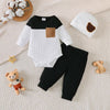 Ensemble 3 pièces bébé garçon noir et blanc avec body à poche, pantalon côtelé et bonnet ourson - Bébé Lova