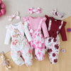 Collection de trois ensembles bébé fille avec motifs lapins, papillons et fleurs bordeaux - Bébé Lova