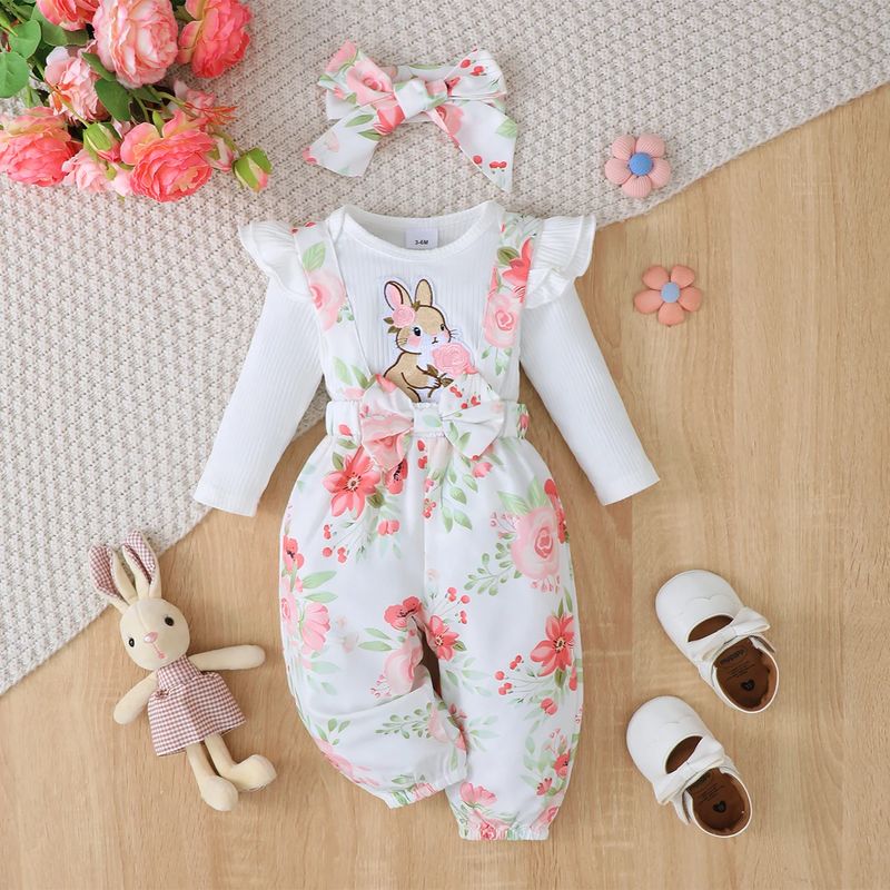 Ensemble bébé fille blanc et rose avec imprimé floral et bandeau assorti - Bébé Lova