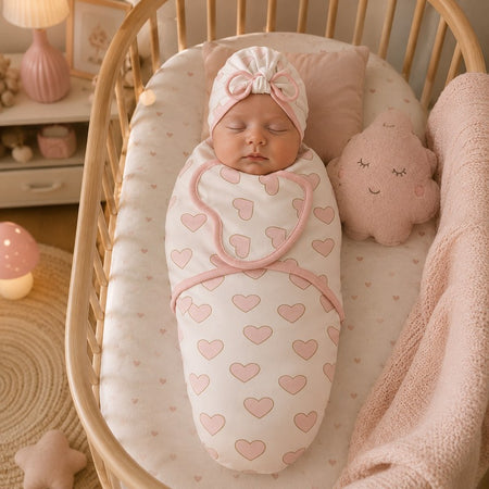 Nouveau-né endormi dans son berceau emmailloté dans la couverture motif cœur rose avec bonnet à nœud assorti - Bébé Lova