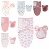 Collection complète des coloris de l'ensemble couverture et bonnet : cœur, baleine, vieux rose, rose vif, arc-en-ciel et fleurs - Bébé Lova