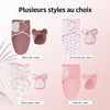Tableau des styles disponibles de l'ensemble couverture d'emmaillotage et bonnet à nœud : vieux rose, arc-en-ciel, fleurs et rose vif motif cœur - Bébé Lova