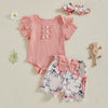 Ensemble été bébé fille rose body bloomer fleuri et bandeau à plat - Bébé Lova