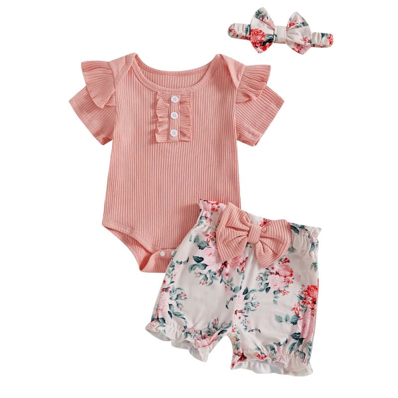 Ensemble été bébé fille rose 3 pièces body bloomer et bandeau - Bébé Lova