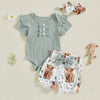 Ensemble été bébé fille vert sauge body bloomer vache et bandeau à plat - Bébé Lova