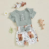 Ensemble été bébé fille vert sauge body et short imprimé vache highland - Bébé Lova