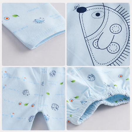 Détails des finitions de l'ensemble naissance : poignets, motif hérisson, couture et taille élastique - Bébé Lova