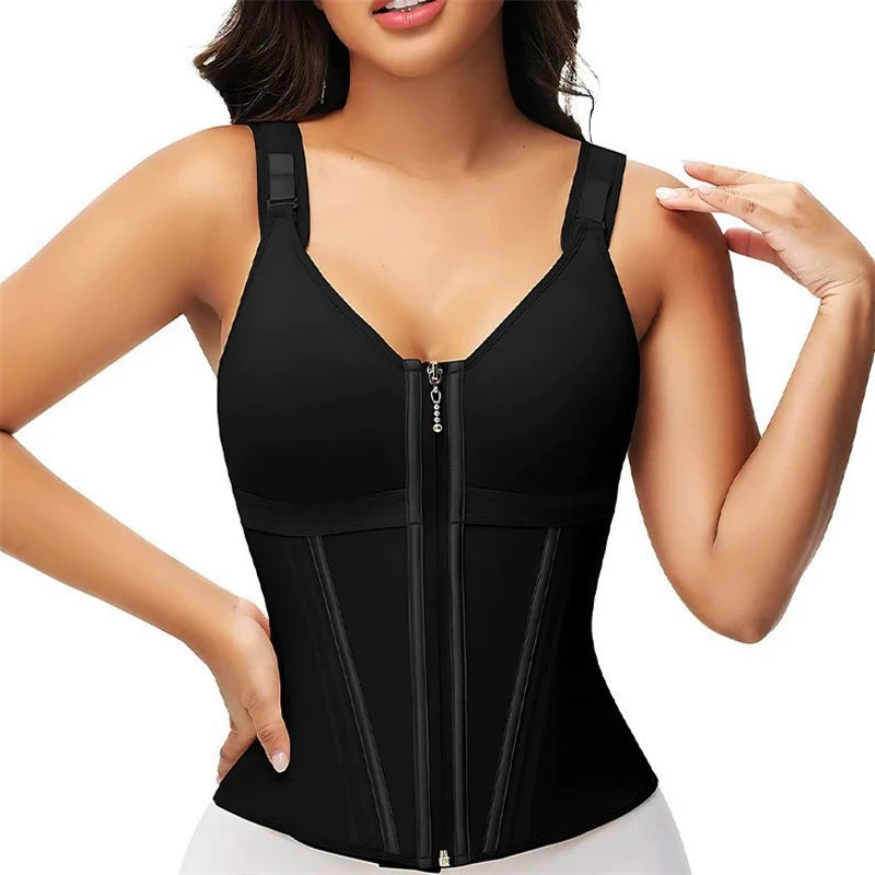 Vue avant de la gaine noire avec effet taille fine et maintien poitrine - Bébé Lova