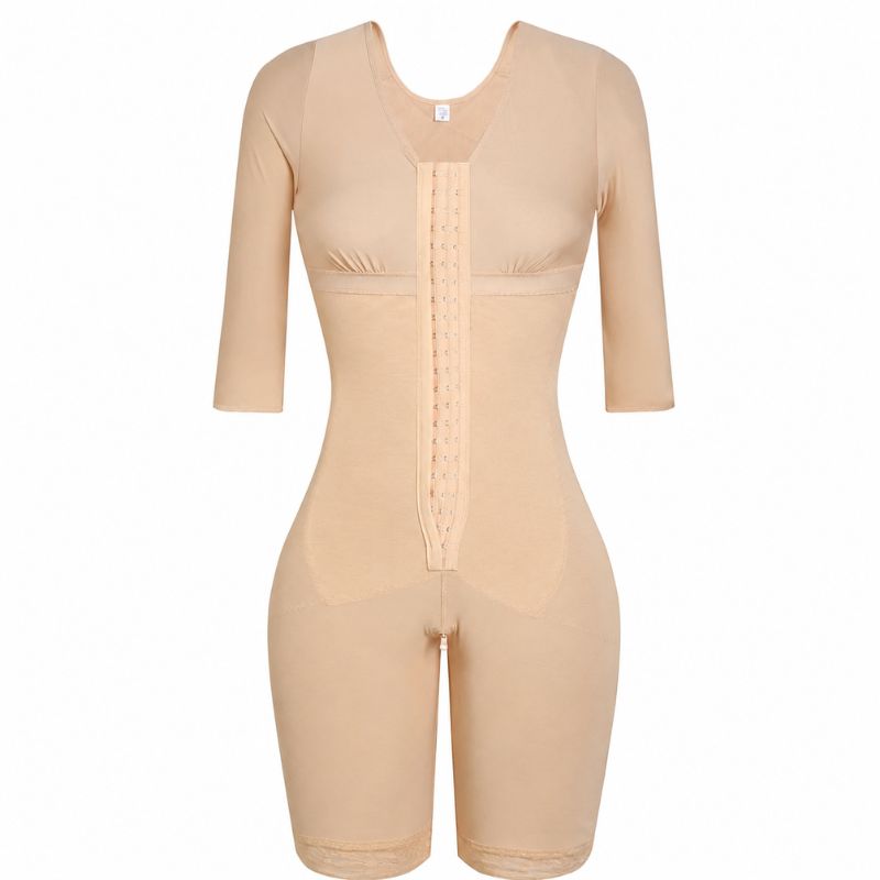 Gaine corps entier post chirurgie beige présentée seule sur fond clair avec manches mi-longues - Bébé Lova