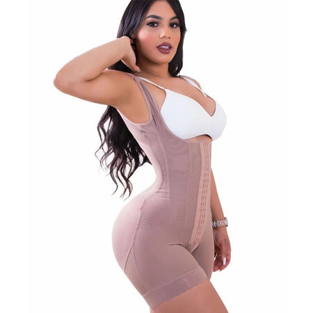 Gaine colombienne beige gainante vue de profil pour affiner la taille et galber les courbes - Bébé Lova