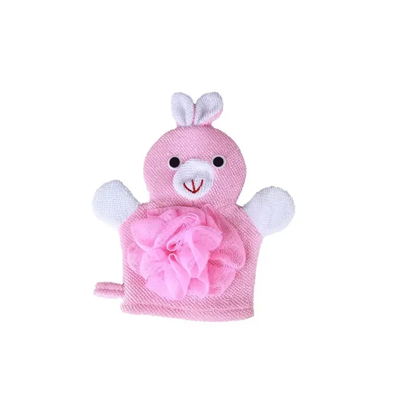 Gant éponge marionnette lapin rose avec loofah intégré pour bébé LoofahMitt - Bébé Lova