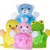 Trio de gants éponge animaux canard lapin et grenouille pour bain bébé LoofahMitt - Bébé Lova
