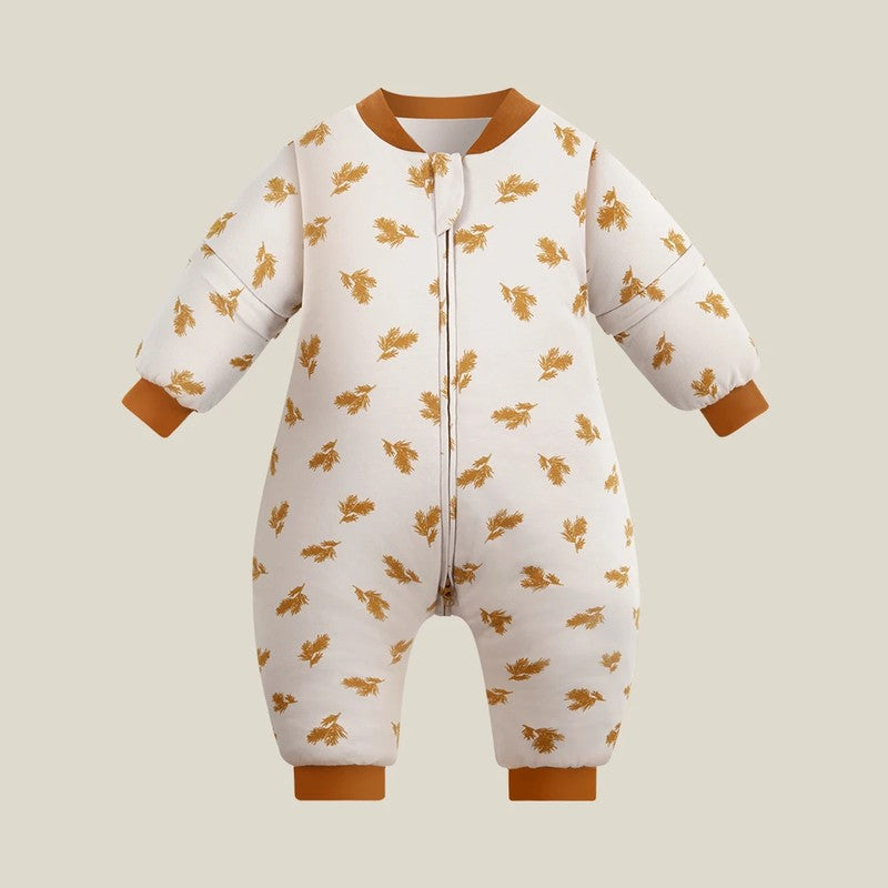 Gigoteuse enfant blanche à motifs feuilles dorées sur fond beige clair - Bébé Lova
