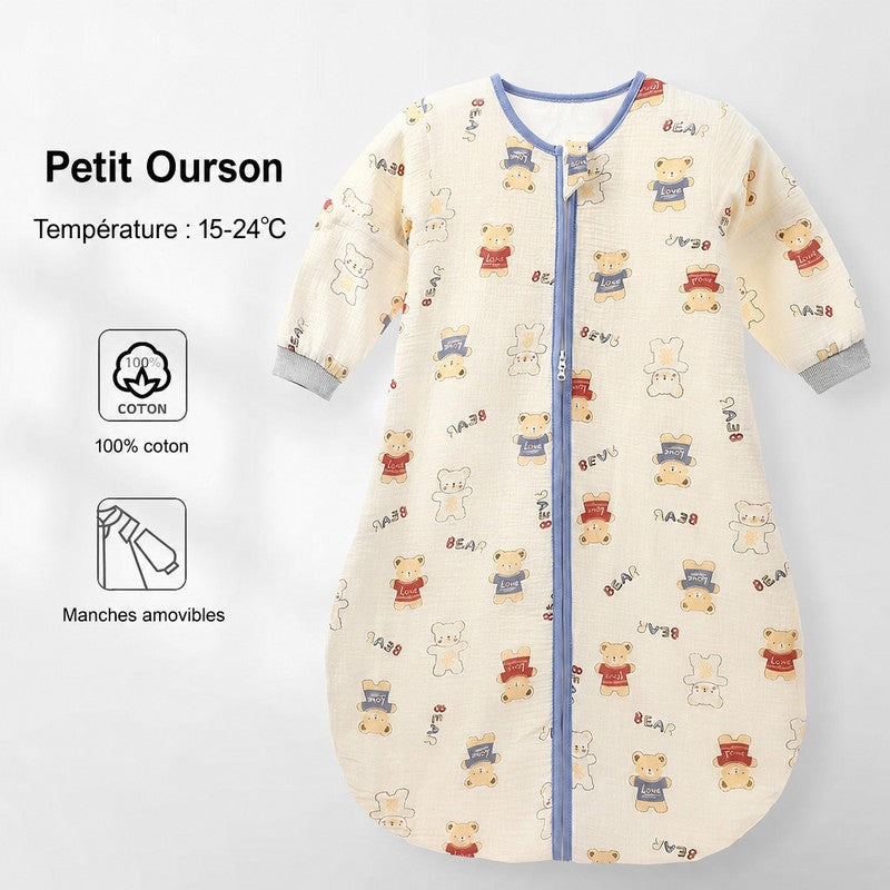 Gigoteuse gaze de coton motif Baby Bear avec manches amovibles 15-24°C - Bébé Lova